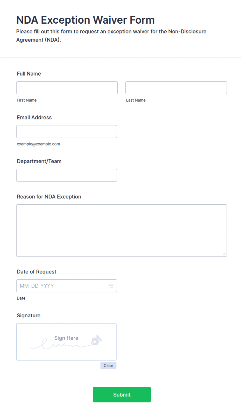 NDA Exception Waiver Form Template | Jotform