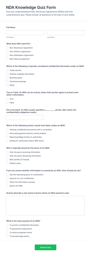 NDA Knowledge Quiz Form Template