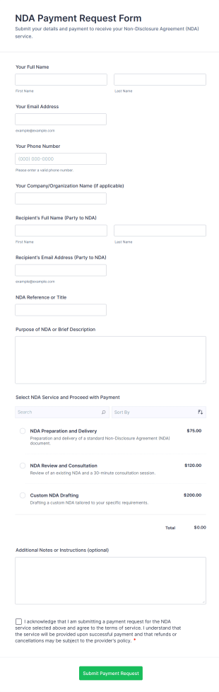NDA Payment Request Form Template