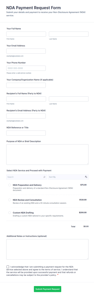 NDA Payment Request Form Template