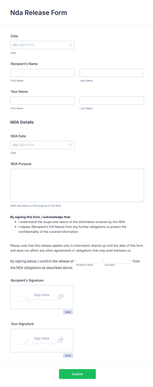 NDA Release Form Template