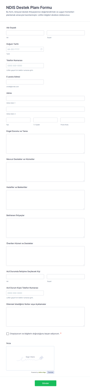 NDIS Destek Planı Form Şablonu