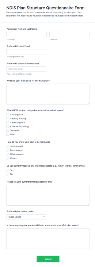 NDIS Plan Structure Questionnaire Form Template