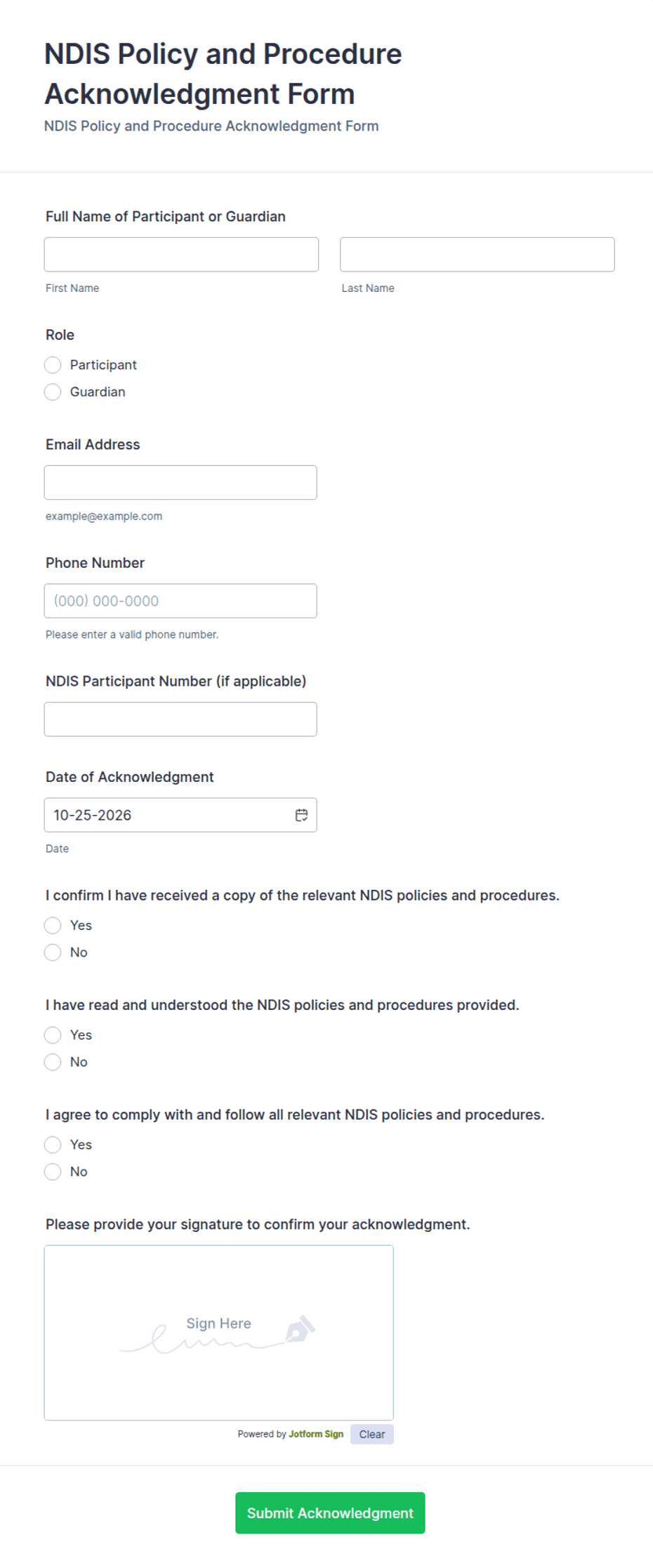 NDIS Policy and Procedure Acknowledgment Form Template | Jotform