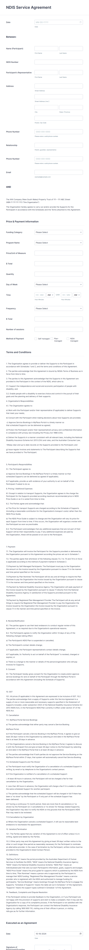NDIS Service Agreement Form Template