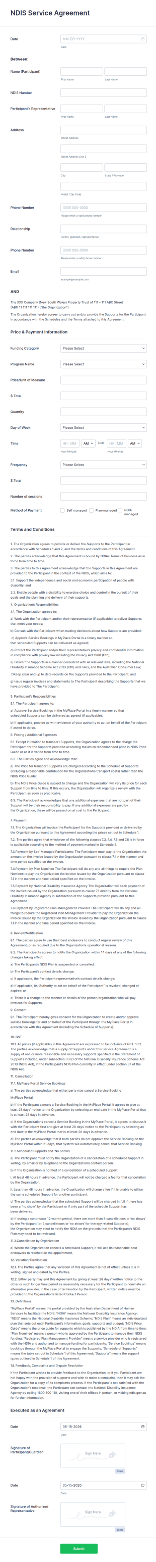 NDIS Service Agreement Form Template