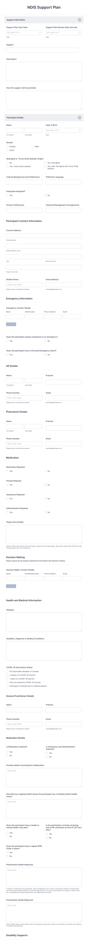 NDIS Support Plan Template Form Template