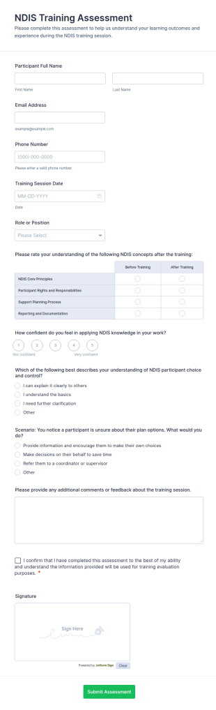 NDIS Training Assessment Form Template