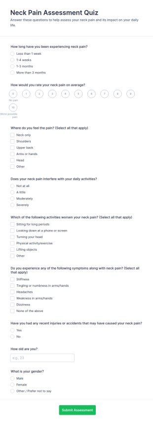 Neck Pain Assessment Quiz Form Template