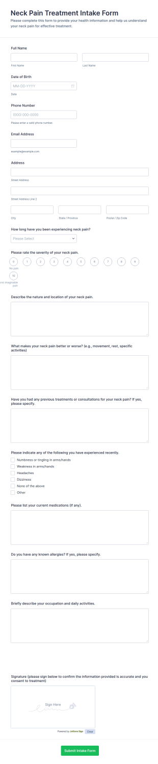Neck Pain Treatment Intake Form Template