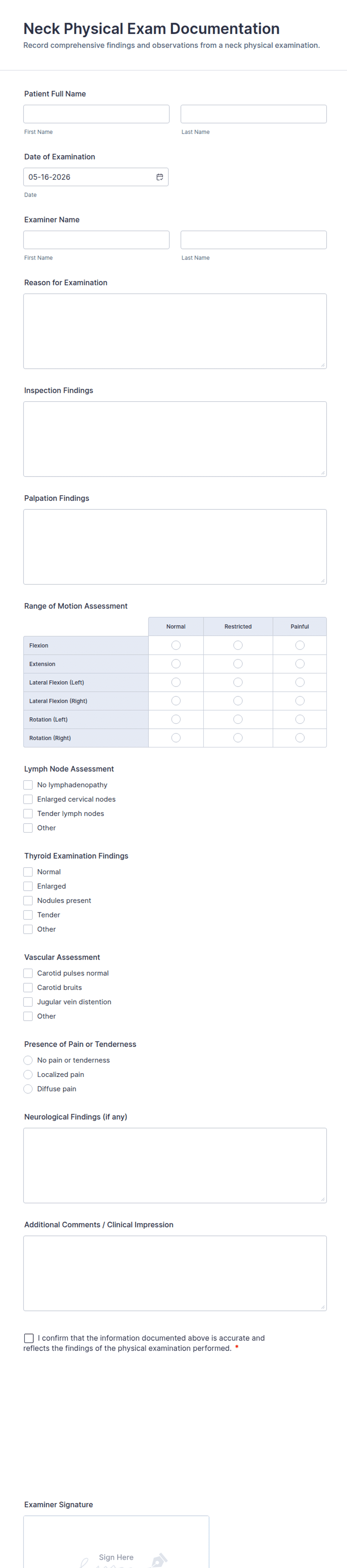 Neck Physical Exam Documentation Form Template | Jotform