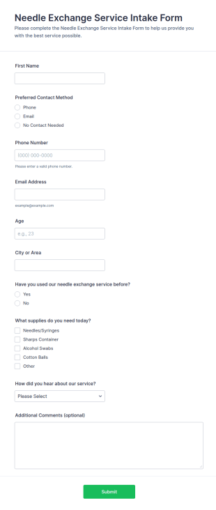 Needle Exchange Service Intake Form Template