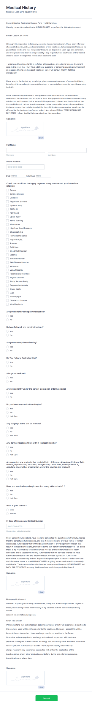 Needle Less Injections Consent Form Template