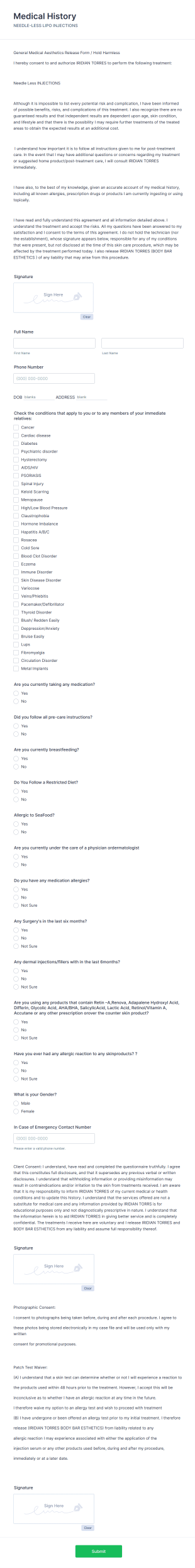 Needle Less Injections Consent Form Template