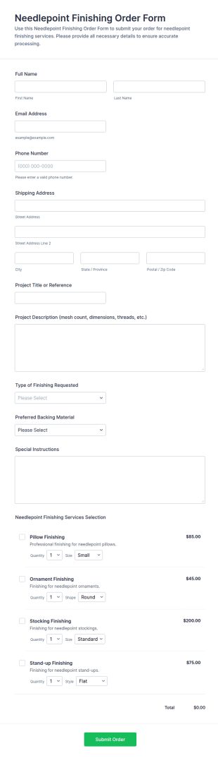Needlepoint Finishing Order Form Template