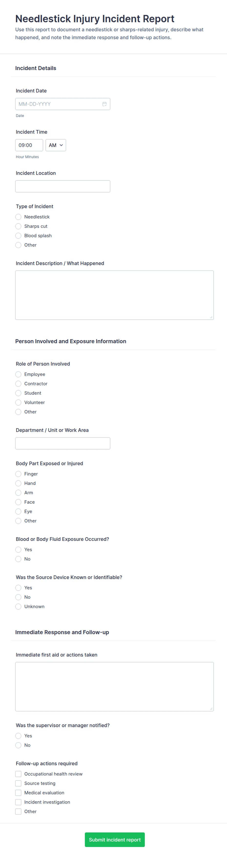 Needlestick Injury Incident Report Form Template | Jotform