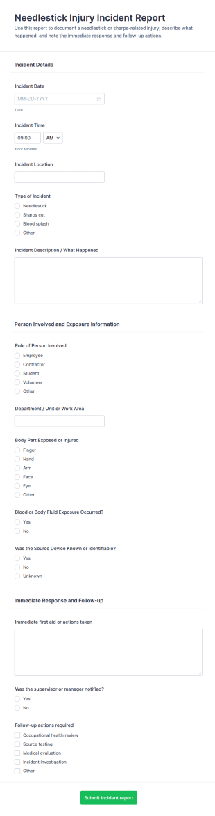 Needlestick Injury Incident Report Form Template