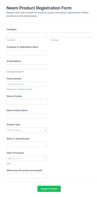 Neem Product Registration Form Template