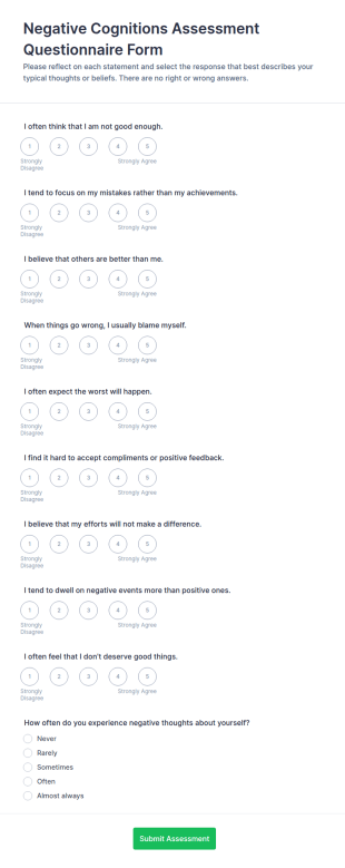 Negative Cognitions Assessment Questionnaire Form Template