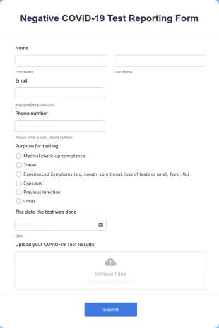 Negative COVID 19 Test Reporting Form Template