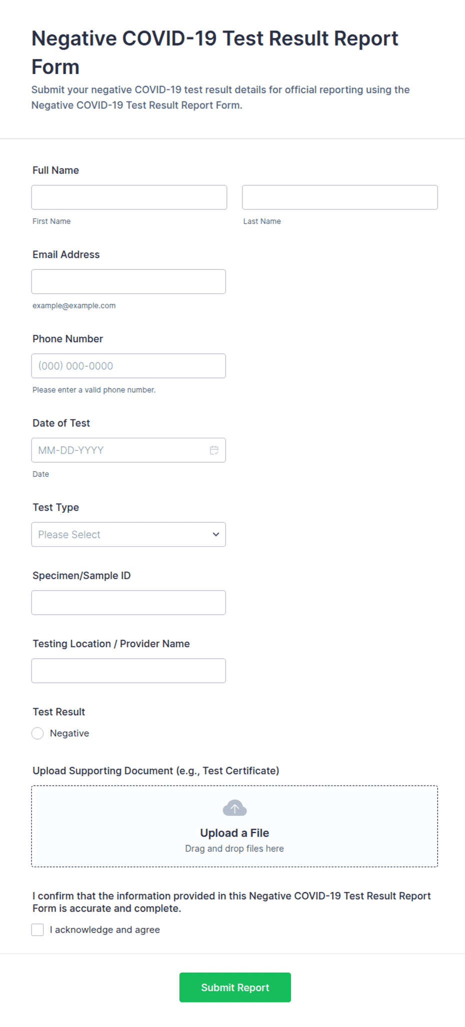 Negative COVID-19 Test Result Report Form Template | Jotform