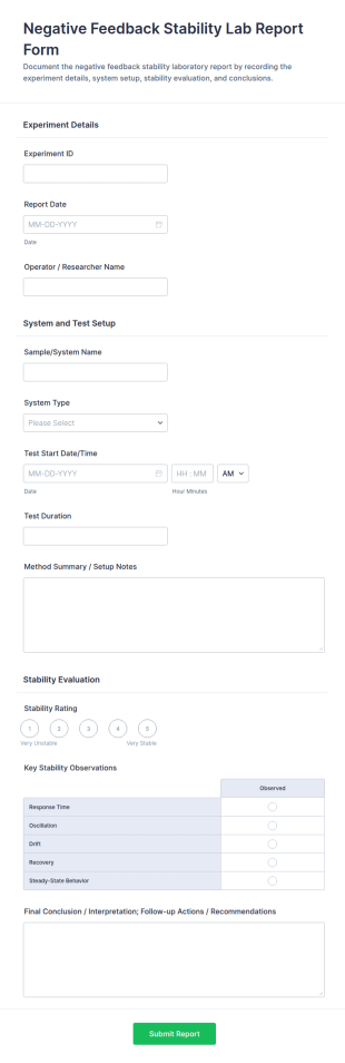 Negative Feedback Stability Lab Report Form Template