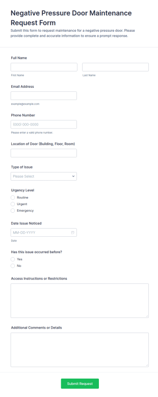 Negative Pressure Door Maintenance Request Form Template