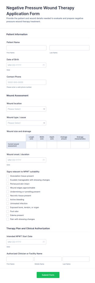Negative Pressure Wound Therapy Application Form Template