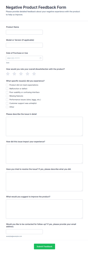 Negative Product Feedback Form Template
