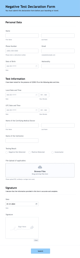 Negative Test Declaration Form Template