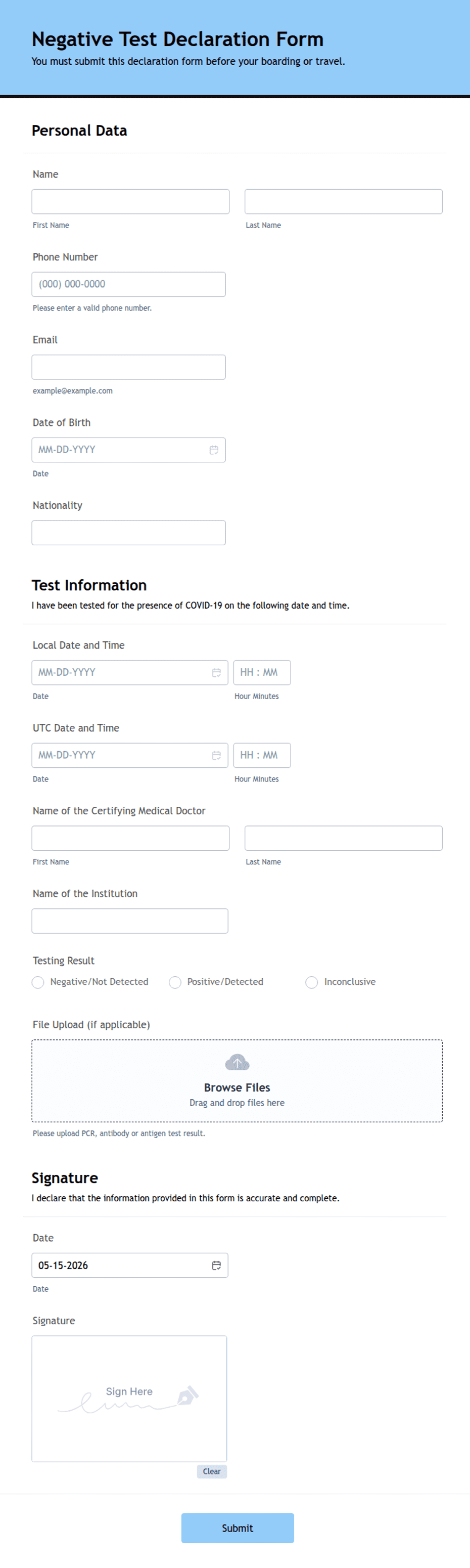 Negative Test Declaration Form Template | Jotform