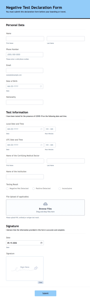 Negative Test Declaration Form Template