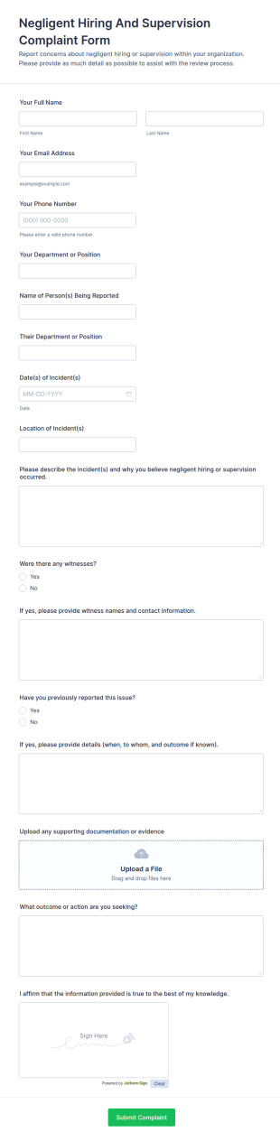 Negligent Hiring And Supervision Complaint Form Template