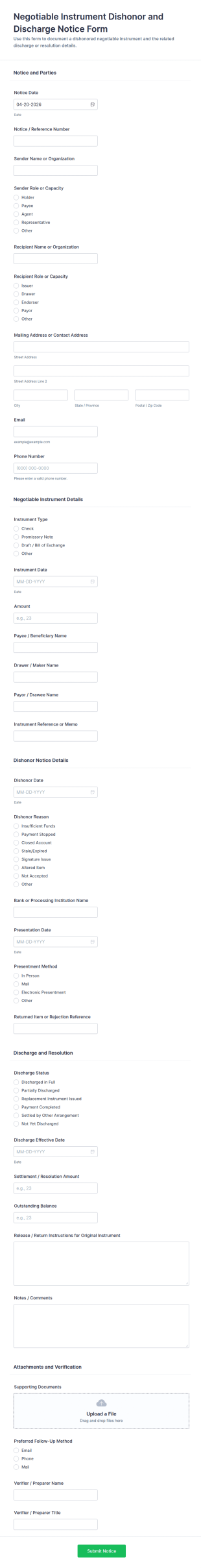 Negotiable Instrument Dishonor And Discharge Notice Form Template