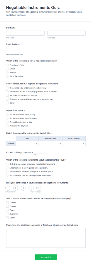 Negotiable Instruments Quiz Form Template