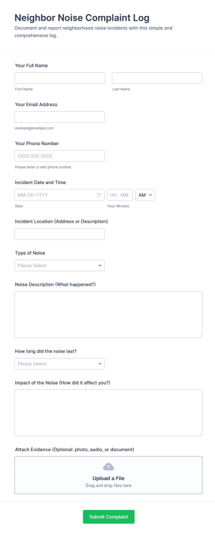 Neighbor Noise Complaint Log Form Template