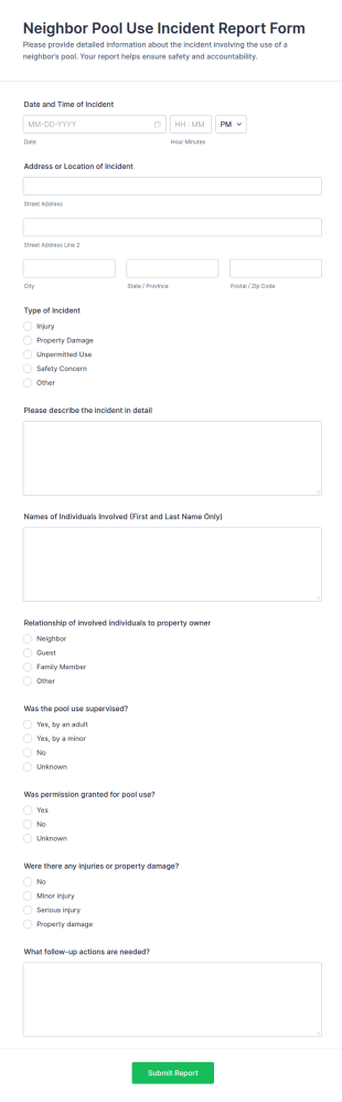 Neighbor Pool Use Incident Report Form Template