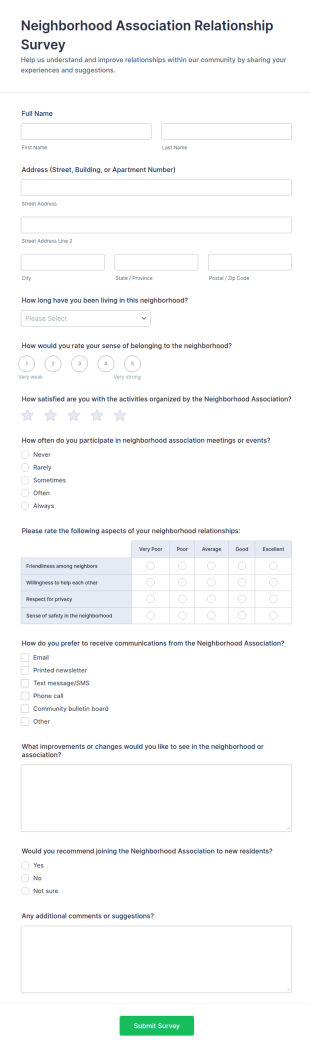 Neighborhood Association Relationship Survey Form Template