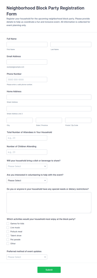 Neighborhood Block Party Registration Form Template