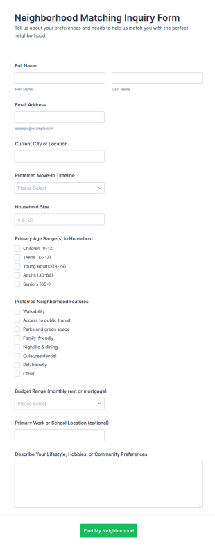 Neighborhood Matching Inquiry Form Template