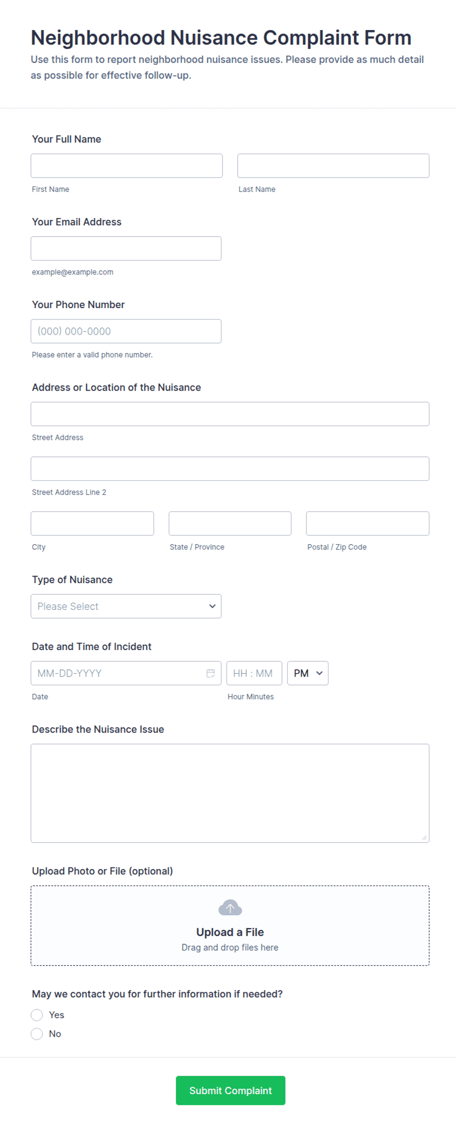Neighborhood Nuisance Complaint Petition Form Template | Jotform