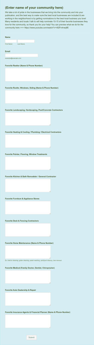 Neighborhood Recommendation Form Template