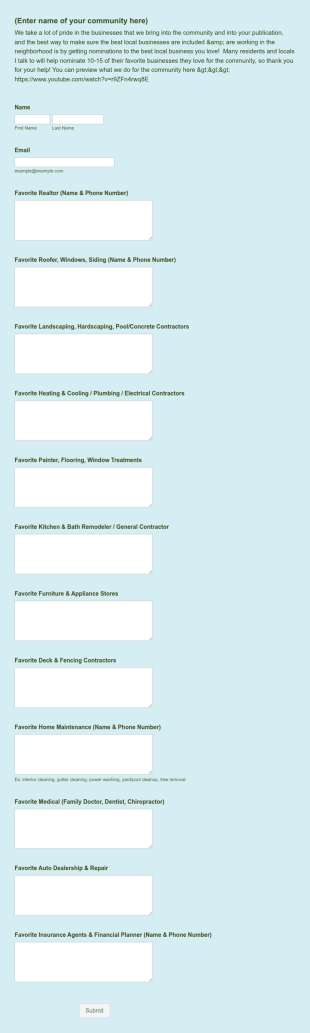 Neighborhood Recommendation Form Template