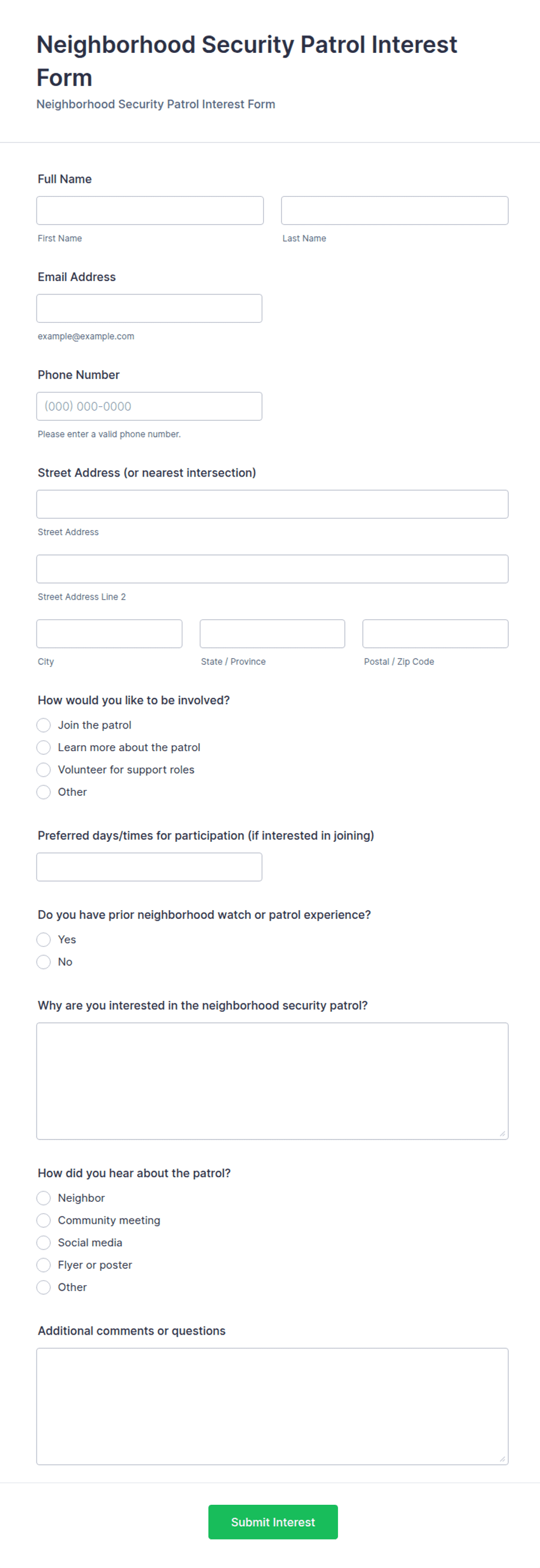Neighborhood Security Patrol Interest Form Template | Jotform