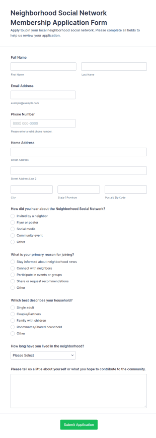 Neighborhood Social Network Membership Application Form Template