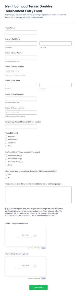 Neighborhood Tennis Doubles Tournament Entry Form Template