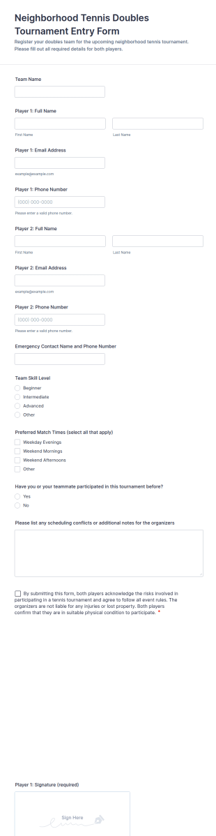 Neighborhood Tennis Doubles Tournament Entry Form Template