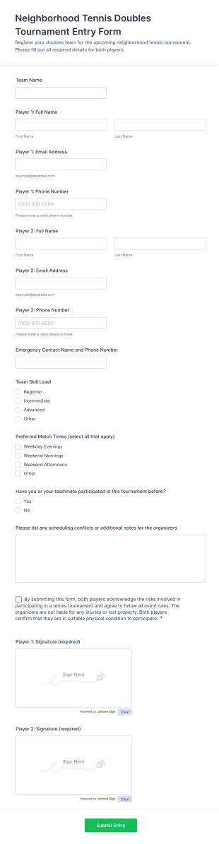 Neighborhood Tennis Doubles Tournament Entry Form Template