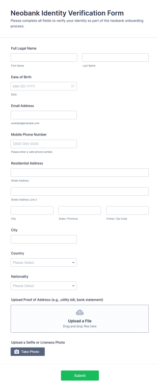 Neobank Identity Verification Form Template