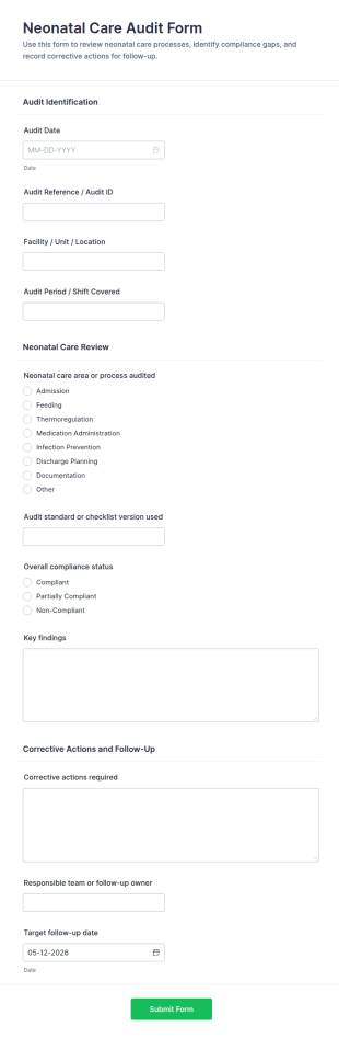 Neonatal Care Audit Form Template
